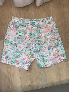 Men's Tropical Print Swim Trunks - Pink & Teal